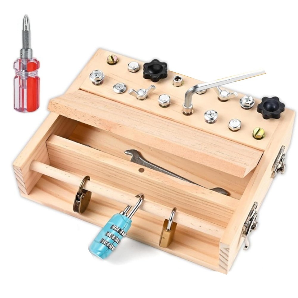 Bemonew Busy Board, Wooden Screwdriver Montessori Busy Board Set with Lock and Key - Tool Set for Educational Preschool for Kids 3-6