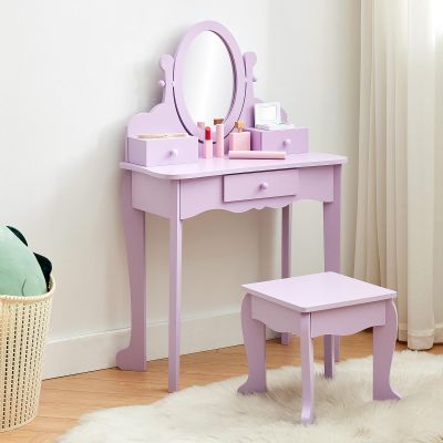 Garvee Kids Vanity Set with Adjustable Angle Mirror, Pretend Play Girls Vanity Table and Chair Set with Mirror, Stool, and Wood Makeup Playset, Purple