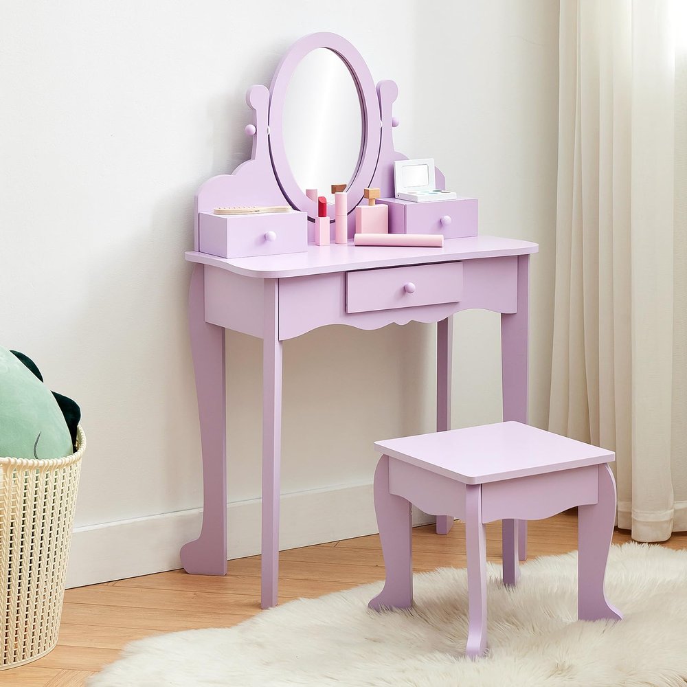 Garvee Kids Vanity Set with Adjustable Angle Mirror, Pretend Play Girls Vanity Table and Chair Set with Mirror, Stool, and Wood Makeup Playset, Purple