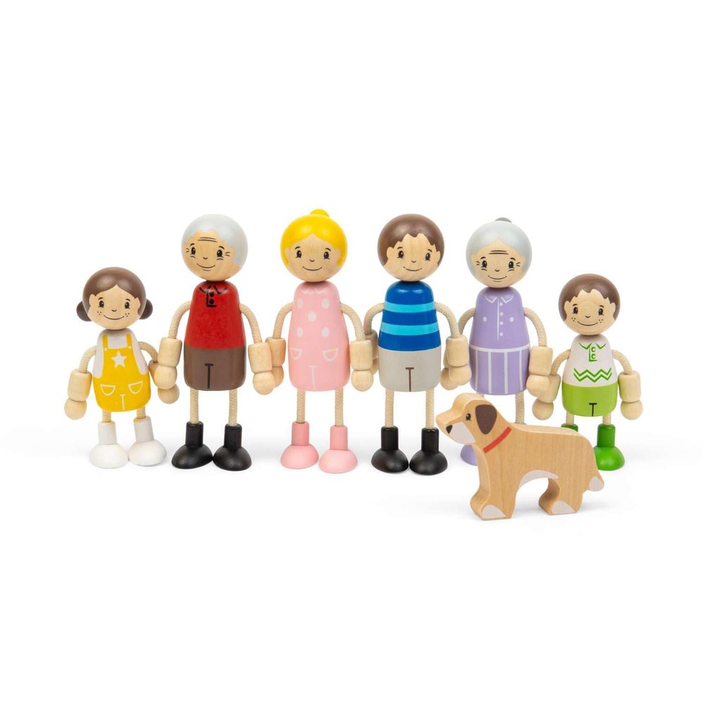 Bigjigs Toys Generational Family Dolls Set of 7 Wooden Dolls House, Small Toy Families, Children, Parents, Grandparents & Dog Figures for Dollhouse, Role Play Sets for Children from 18