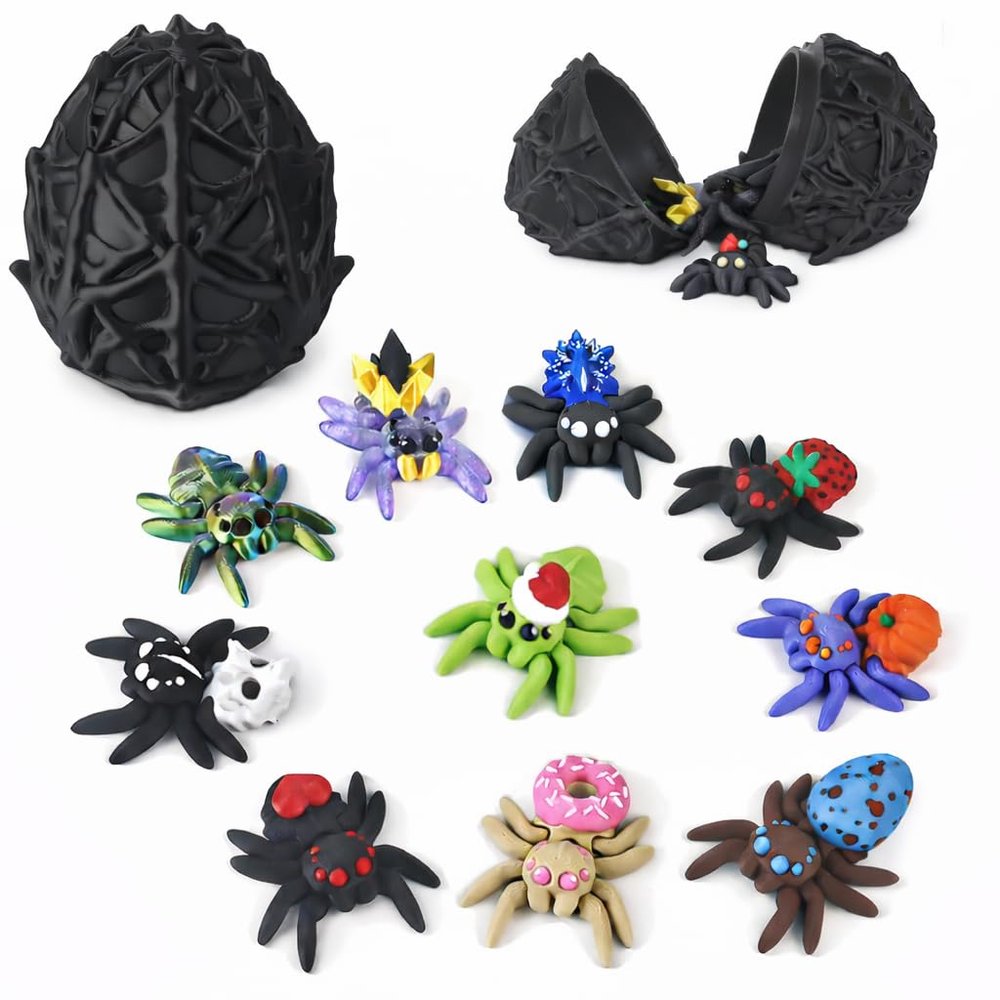 3D Printed Dragon Egg with 10 Unique Spiders, 3D Printed Animals Toys, Surprise Spider Fidget Toy Set for Party Favors, Fun Gift for Kids (Black)