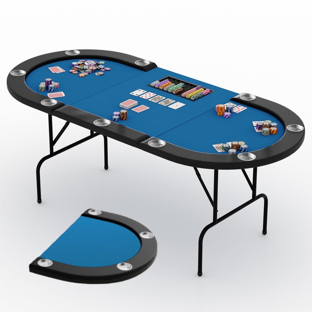 Hoguyexila 9 Player Poker Table Foldable, Texas Holdem Casino Table with Padded Rails & Cup Holders, Portable Folding Game Table w/Poker Chips Tray for Home or Game Room, 81 Inch