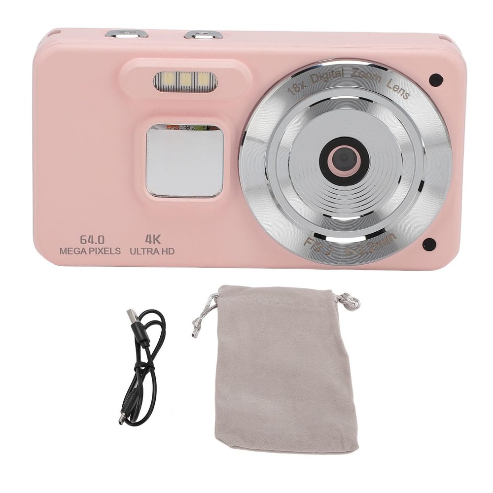 4K Digital Camera for Photography, 64MP Vlogging Camera with 18x Zoom, Autofocus Anti Shake Selfie HD Video Camera, Compact Travel Camera for Teen Boy Girl Kids, Includes Storage B (Pink)
