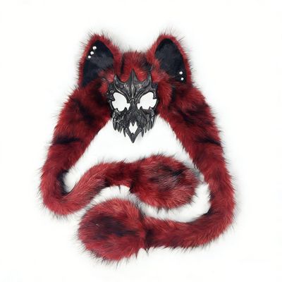 Animal Fox Wolf Skull Mask,Furry Fursuit Viking Skeleton Wolf Mask,Halloween Werewolf Barbarian Plush Headdress (Red)