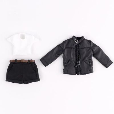 1/12 Scale Stand-Collar Leather Jacket + Crew-Neck T-Shirt + Cropped Casual Pants Black & White Miniature Outfit Set for 6-Inch Collectible Figure (No Figure)