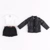 1/12 Scale Stand-Collar Leather Jacket + Crew-Neck T-Shirt + Cropped Casual Pants Black & White Miniature Outfit Set for 6-Inch Collectible Figure (No Figure) view 1