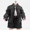 1/12 Scale Stand-Collar Leather Jacket + Crew-Neck T-Shirt + Cropped Casual Pants Black & White Miniature Outfit Set for 6-Inch Collectible Figure (No Figure) view 2