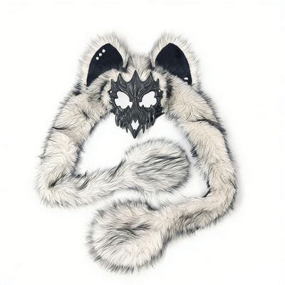 Animal Fox Wolf Skull Mask,Furry Fursuit Viking Skeleton Wolf Mask,Halloween Werewolf Barbarian Plush Headdress (White)