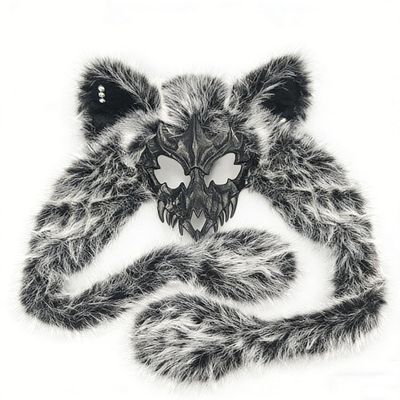 Animal Fox Wolf Skull Mask,Furry Fursuit Viking Skeleton Wolf Mask,Halloween Werewolf Barbarian Plush Headdress (Black)