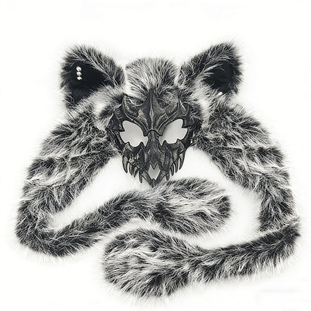 Animal Fox Wolf Skull Mask,Furry Fursuit Viking Skeleton Wolf Mask,Halloween Werewolf Barbarian Plush Headdress (Black)
