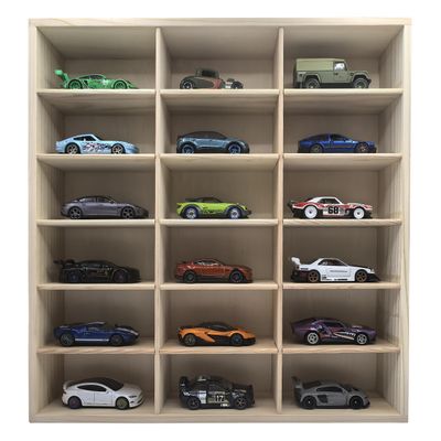 1:64 Scale Diecast Car Display Case, Wooden 18-Compartment Model Car Organizer Shelf, Wall Mount or Desktop Storage