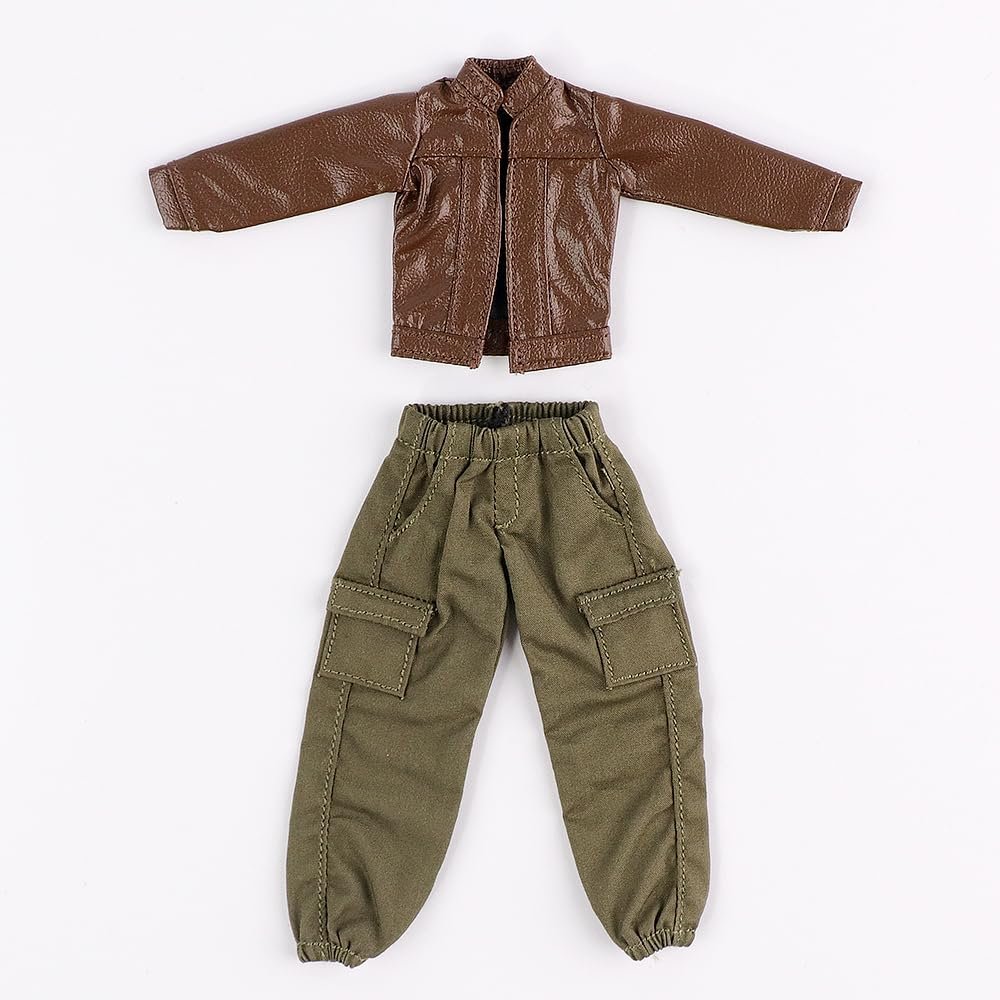 1/12 Scale Women's Ultra-Thin Leather Jacket + Cuffed Work Pants Action Figure Clothes Set for 6 inch Action Figure Colthes, Doll Model Dress up Accessory, Brown + Army Green(No Figrue)