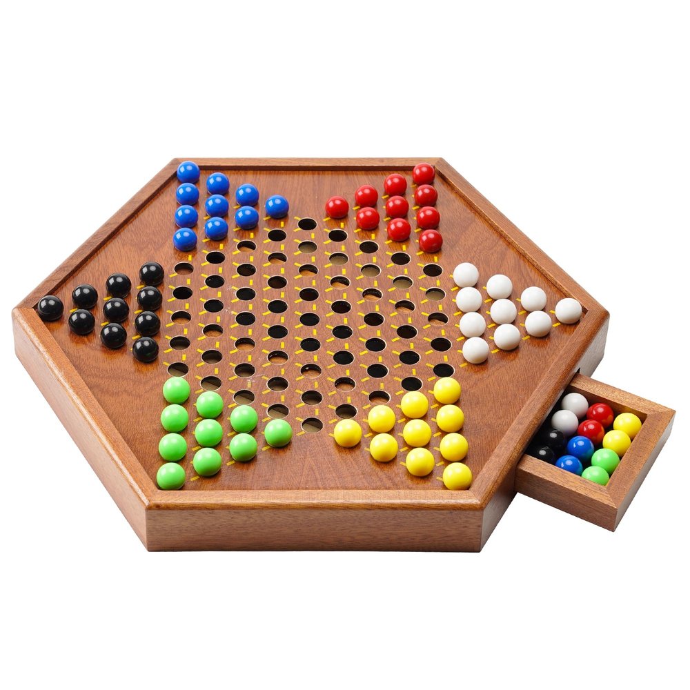 Chinese Checkers Board Game Set with Drawer Storage - 14.2" Wooden Board and Acrylic Marbles | 6 Player Family Strategy Game for Kids and Adults | 16mm 60+12 Colorful Marbles, More Easy Grasping