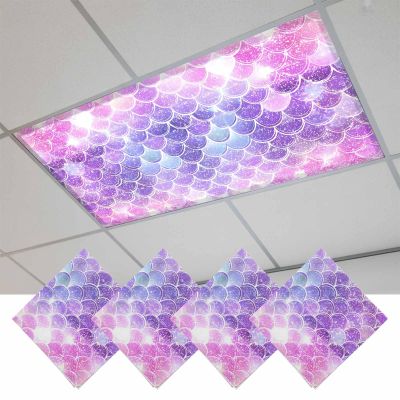 2x4 ft Fluorescent Light Cover for Ceiling Colorful Mermaid Scales Magnetic Light Filters, Sparkling Ocean Under The Sea Ceiling Lampshades for Home School Office 4Pcs