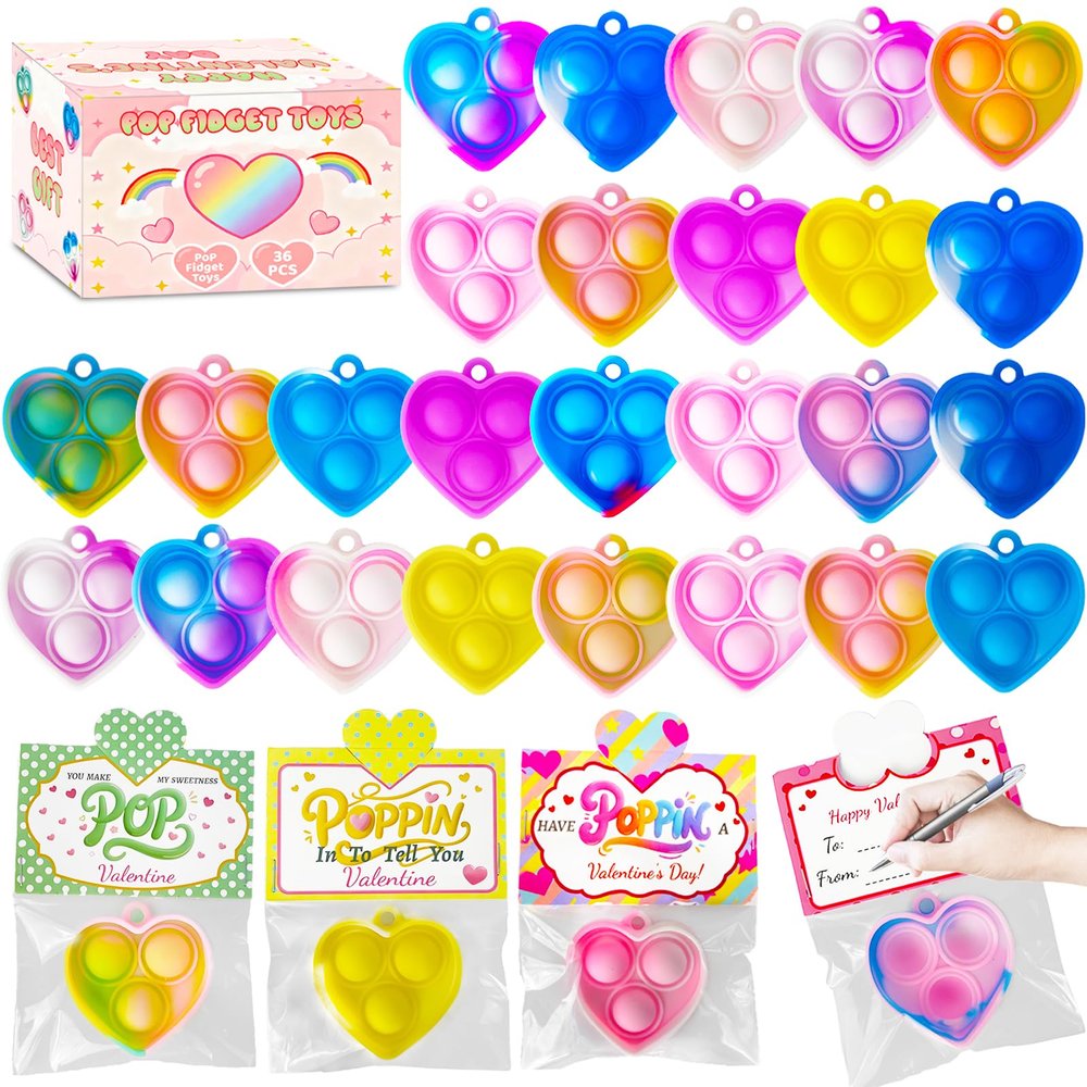 36 PCS Valentines Day Gifts Cards with Heart Pop Fidget Toys Bulk,Valentine Party Favors for Kids Mini Pop Heart Keychain,School Classroom Prizes Exchange Goodie Bag Stuffers for Toddlers Boys Girls