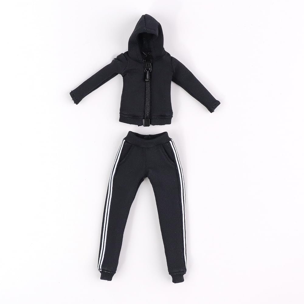 1/12 Scale Black Striped Sleeve Zipper Hoodie + Women's Black Striped Sweatpants for 6 inch Action Figure Colthes, Doll Model Dress up Accessory(No Figrue)