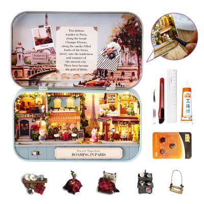 3D Wooden Miniature DIY Dollhouse Kit with Furniture, Box Theater Set with LED Lights, Romantic Valentine's Day Gift, Includes Tool Set and Cat Dolls (Roaming in Paris)