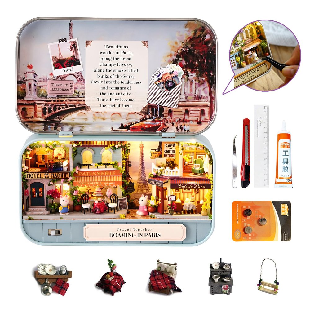 3D Wooden Miniature DIY Dollhouse Kit with Furniture, Box Theater Set with LED Lights, Romantic Valentine's Day Gift, Includes Tool Set and Cat Dolls (Roaming in Paris)