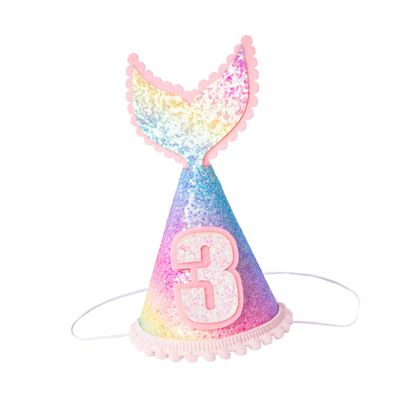 Abaodam Mermaid Tail Birthday Hat, Rainbow Gradient Sequin Crown Cap, Party Headwear for 3-year-old, Glitter Decorative Birthday Supplies