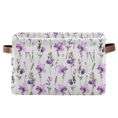CWUPZAY Purple Flowers Storage Basket Canvas Fabric Collapsible Storage Bins Box Organizer Waterproof for Home Bedrooms 1 Pack