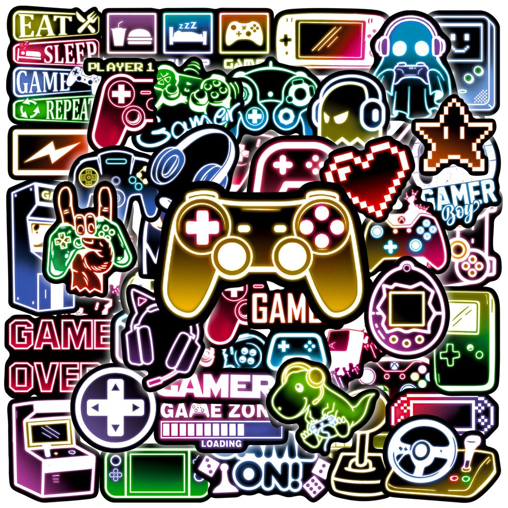 50 Pcs Neon Video Game Stickers for Water Bottle, Cartoon Gamer Video Gaming Sticker, Vinyl Waterproof Laptop Decals for Teens Students Adults