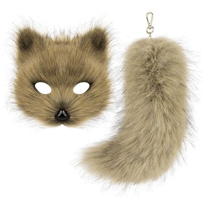 2Pcs Halloween Fluffy Fox Mask with Tail,Realistic Fox Mask Furry Therian Gear Outfit for Animal Role-Play Party (Straw)
