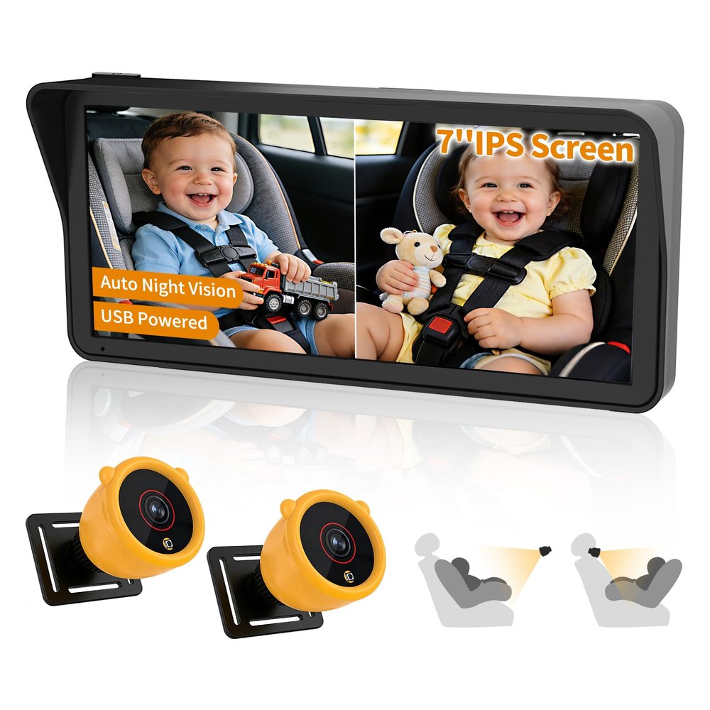 Baby Car Camera for 2 Kids, 7.1" Ultrawide Split Screen, 1080P Dual Carseat Cameras with Auto IR Night Vision/150 Wide View/360 Rotatation, USB Power for Car, SUV, RV/Babies,Pets