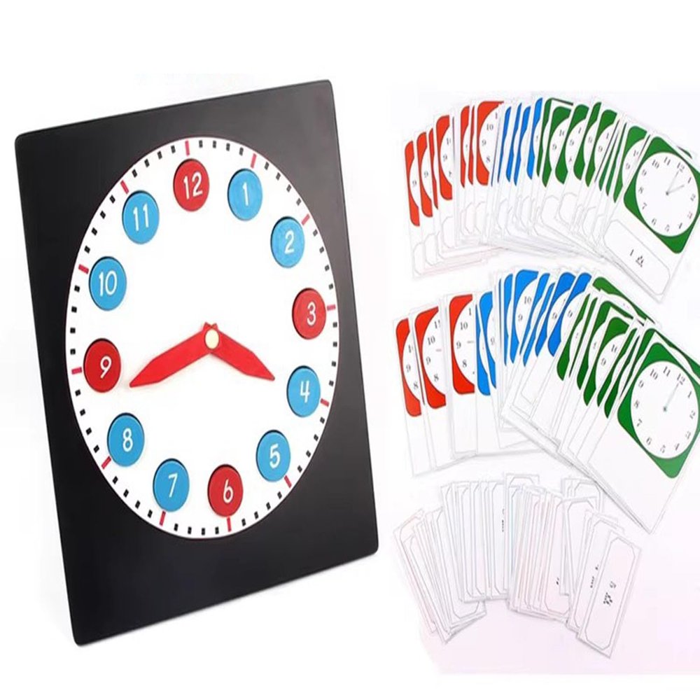 ZQsmgs Montessori Clock Toy, Wooden Activity Clock + Three Set Cards of Clock and time,Small