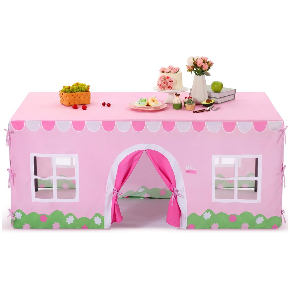 Oudain 10ft x 7.5ft Large Pink Playhouse Tablecloth for Kid Farmhouse Table Fort Cover Table Cloth House Tent Playhouse for Dining Room Birthday Indoor Outdoor Party Playground