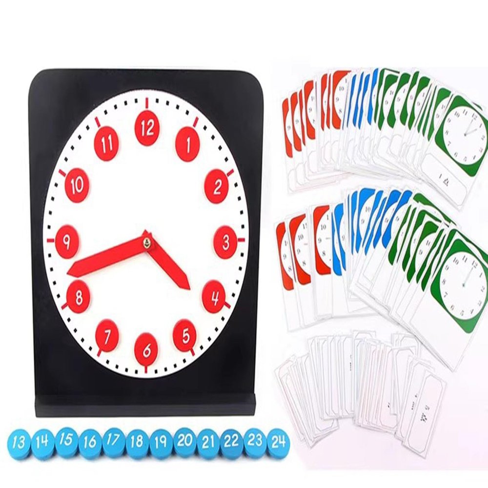 ZQsmgs Montessori Clock Toy, Wooden Activity Clock + Three Set Cards of Clock and time,Large