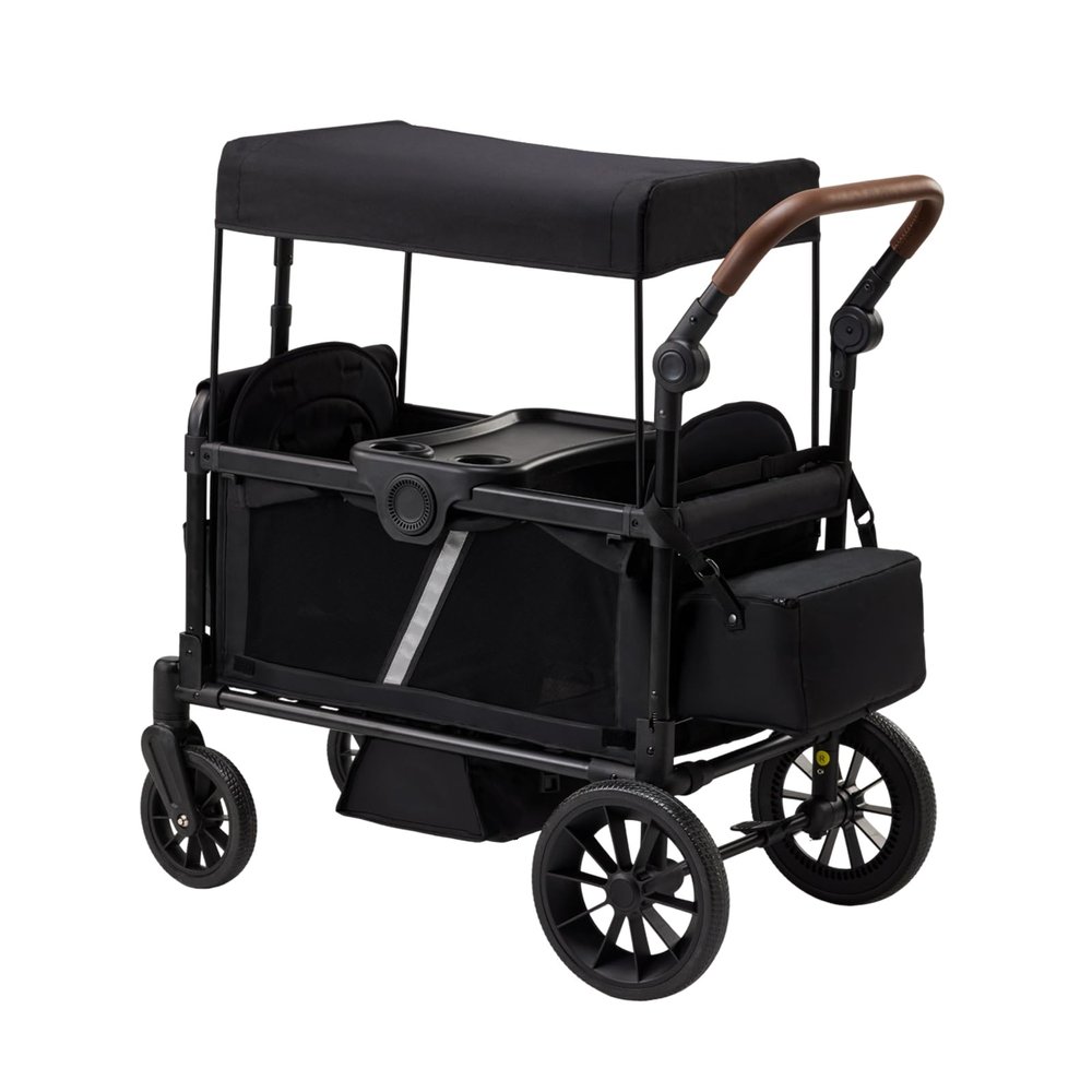 TerraPede Stroller Wagon for 2 Kids, All-Terrain Push Pull Wagon with Side-Open Door & Seat Mode, 8"/12" Shock-Absorbing Wheels, Removable Canopy, Snack Tray, Large Storage Bags, Black