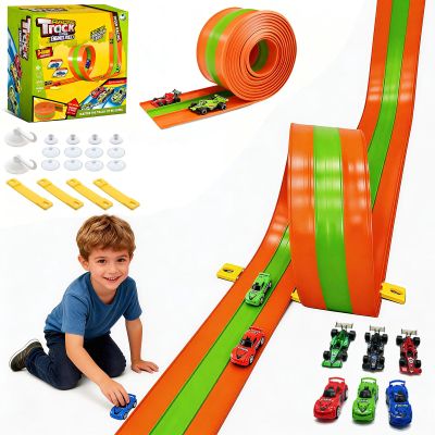 16ft Flex Track, Flexible Race Track for Kids 3-5 Year Old with 4 Pull-Back Cars, Portable Roll Up Racing Car Tracks for Toddlers, Birthday Gifts for Boys Girls (3 Lane - Green & Orange)