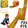 16ft Flex Track, Flexible Race Track for Kids 3-5 Year Old with 4 Pull-Back Cars, Portable Roll Up Racing Car Tracks for Toddlers, Birthday Gifts for Boys Girls (3 Lane - Green & Orange) view 1