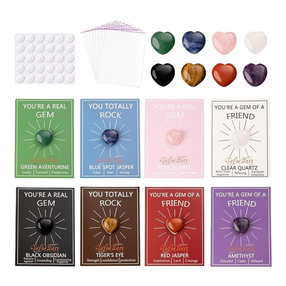 28 Pcs Valentines Day Cards For Kids, Valentines Greeting Cards With Heart Shape Crystals Rock For Boys Girls School Party Exchange Gift