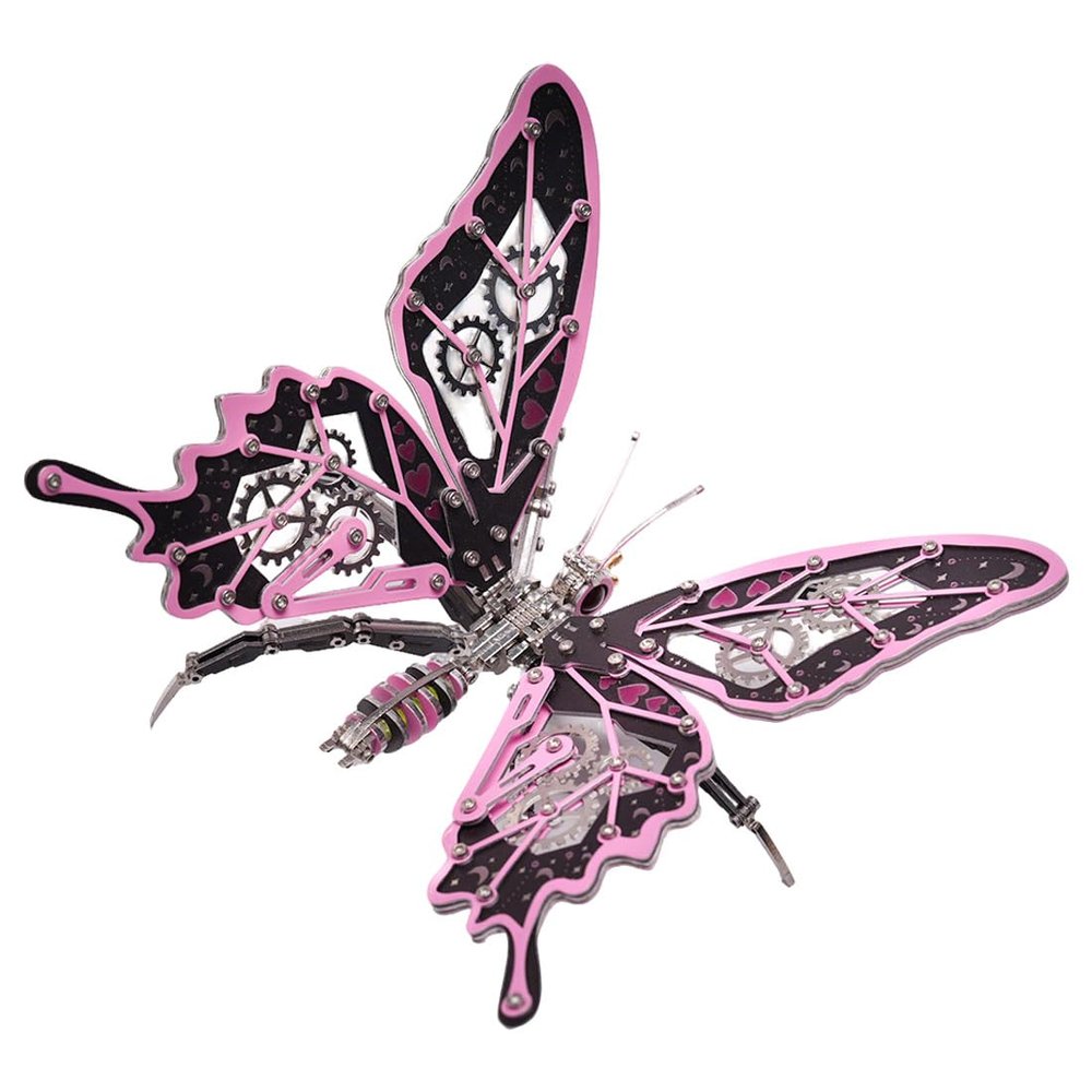 3D Metal Puzzle, Mechanical Butterfly Model Kit, Snap-Fit No-Glue Assembly, Adjustable Wings, Decorative Desk, Shelf and Wall Display for Adult Collectors and Hobbyists (100+PCS/Pink)