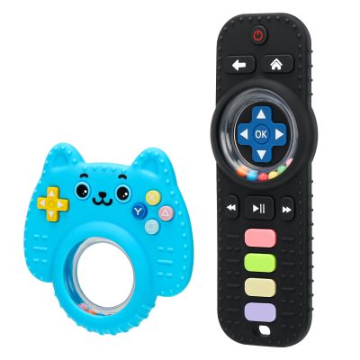 2 Pack Silicone Teething Toys for Babies, Remote & Controller Teether for Baby, Sensory Toys for Babies with Rattle, Baby Chew Toys
