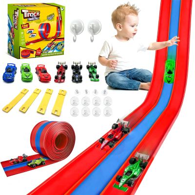 16ft Flex Track, Flexible Race Track for Kids 3-5 Year Old with 4 Pull-Back Cars, Portable Roll Up Racing Car Tracks for Toddlers, Birthday Gifts for Boys Girls (3 Lane - Blue & Red)