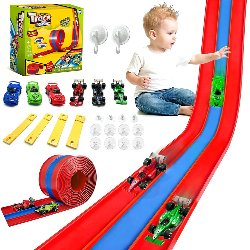16ft Flex Track, Flexible Race Track for Kids 3-5 Year Old with 4 Pull-Back Cars, Portable Roll Up Racing Car Tracks for Toddlers, Birthday Gifts for Boys Girls (3 Lane - Blue & Red)
