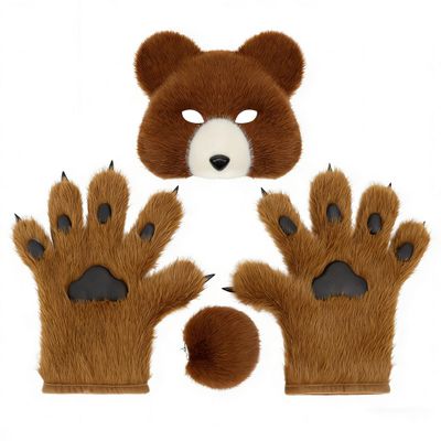 3Pcs Halloween Fluffy Bear Mask Paws and Tail Set,Realistic Furry Bear Mask Therian Gear for Animal Role-Play Party (Brown)