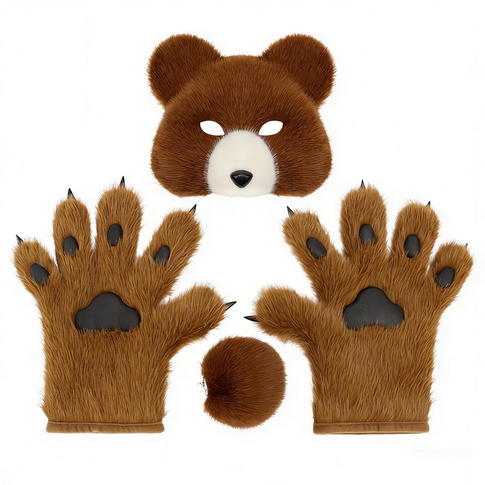 3Pcs Halloween Fluffy Bear Mask Paws and Tail Set,Realistic Furry Bear Mask Therian Gear for Animal Role-Play Party (Brown)