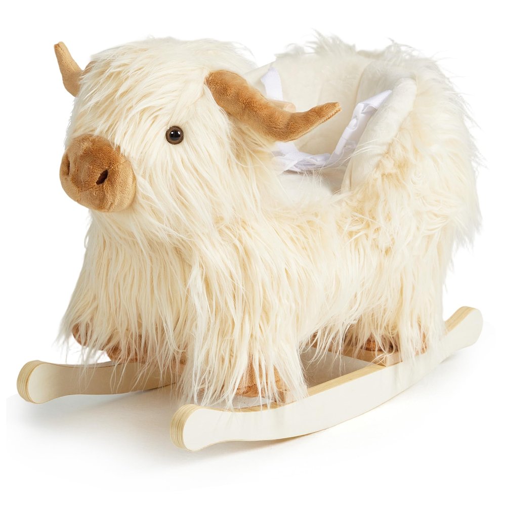 Baby Rocking Horse,Highlander Cattle Rocking Toy for 1+ Year Old Boys and Girls Rocking Horse for Kids Room Nursery Birthday Party Shower Gift Wood Animal Rocker French Design 3-Side Seat PP Cotton