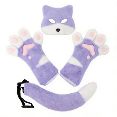 3Pcs Halloween Fluffy Fox Mask Paws and Tail Set,Realistic Furry Fox Mask Therian Gear for Animal Role-Play Party (Purple)