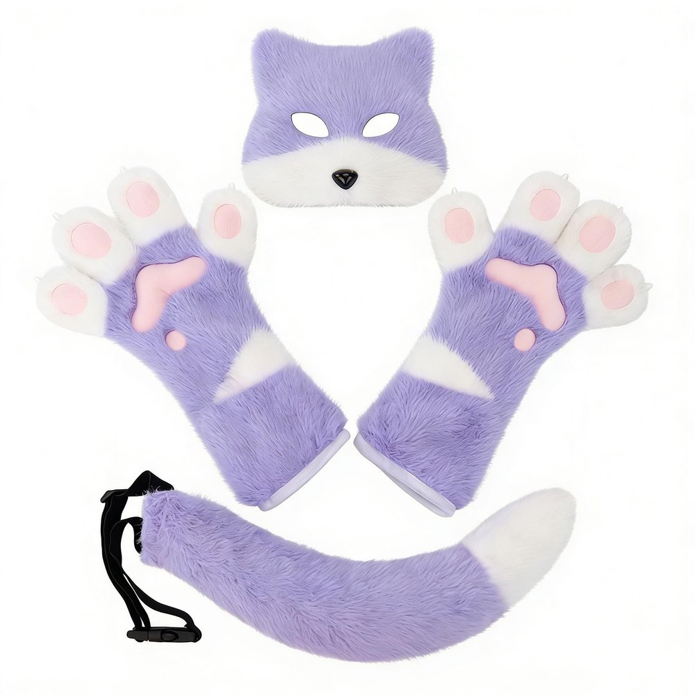 3Pcs Halloween Fluffy Fox Mask Paws and Tail Set,Realistic Furry Fox Mask Therian Gear for Animal Role-Play Party (Purple)
