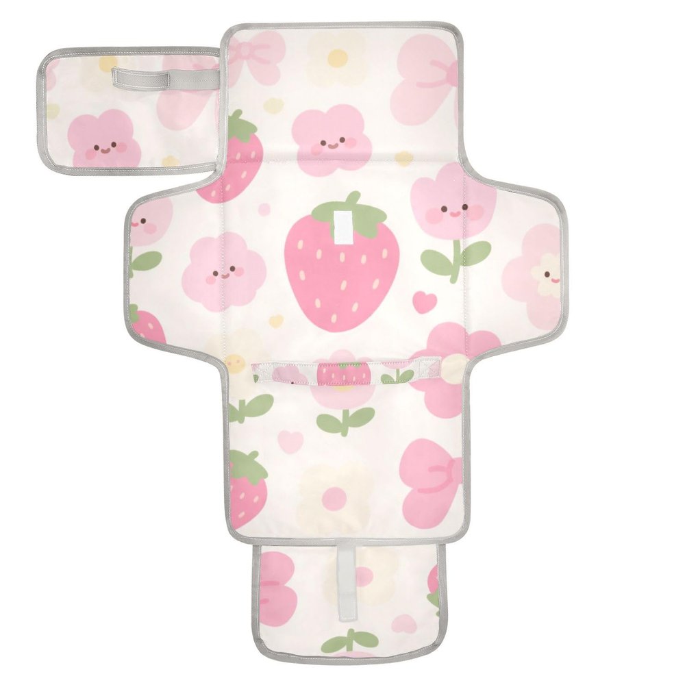 Reusable Diaper Changing Pads with Tissue Pocket Changing pad for Changing Table Infant Travel Station Kit Cute Cartoon Pink Strawberry Flowers