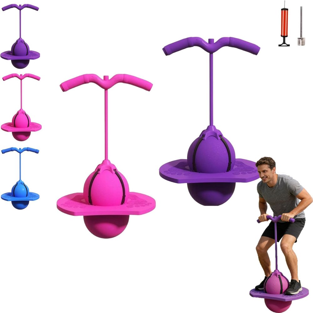 Childrens Balance Jumping Ball with Adjustable Handle - Indoor & Outdoor Pogo Ball for Kids Ages 8-12, Improves Balance & Coordination, Safe Non-Slip Design for Endless Active Play (Pink+Purple)
