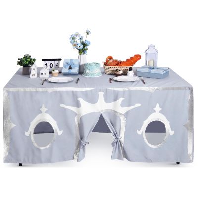 Oudain 10ft x 7.5ft Large Tablecloth Playhouse for Kid Table Fort Cover Table Cloth Tent Playhouse for Dining Room Birthday Indoor Outdoor Party Playground (Blue Silver Color, Princess Style)