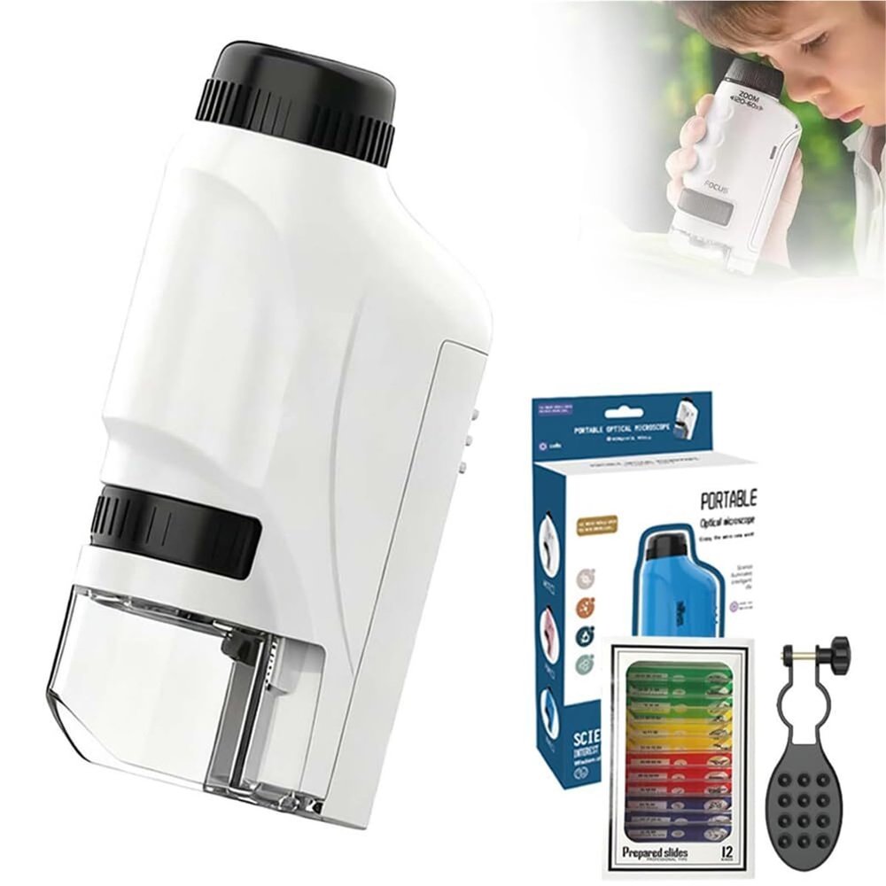 60-120X Zoom Pocket Microscope for Kids - Portable Handheld Mini Microscope with LED Lights, Educational Science Toys for Outdoor Exploration(White B)