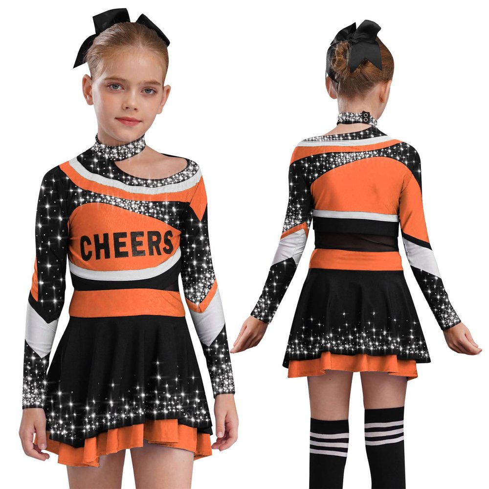 Yiesvsov Cheerleading Outfit for Girls Cheer Uniform Set Complete Clothes Performance Dancewear Cosplay Costume Orange 16 Years
