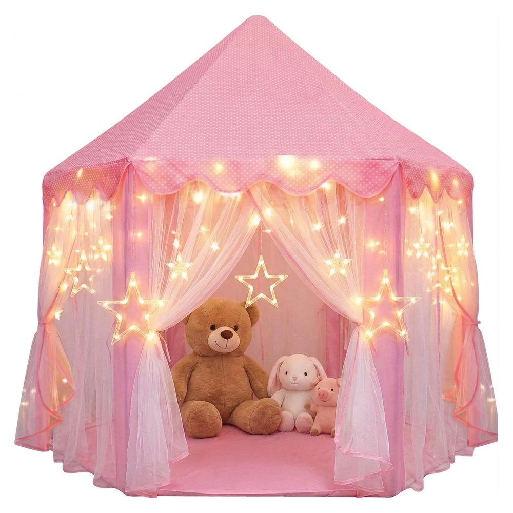 Orian Princess Tent for Girls Kids Play Tent Indoor & Outdoor with Big LED Star Lights, Pink Toddler Castle Playhouse for Ages 27, 55 x 53, Childrens Toys and Gifts