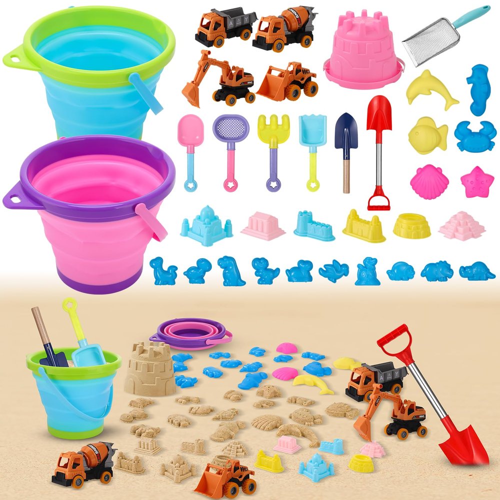 Angirlish Beach Toys, 36 Pcs Sand Toys with 4 Construction Vehicles, 2 Collapsible Beach Bucket,1 Castle Buckets, Sand Castle Building Kit, Sand Molds, Shovel Set for Kids Boys Girls Age 3+